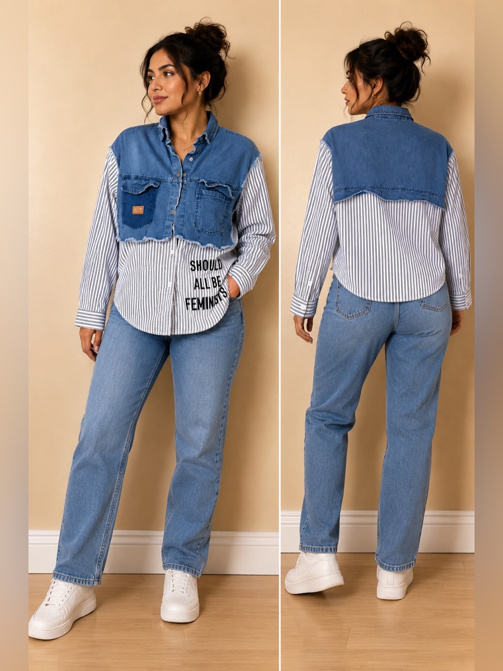 Striped Button-Down Shirt with Denim Cropped Overlay - Blue